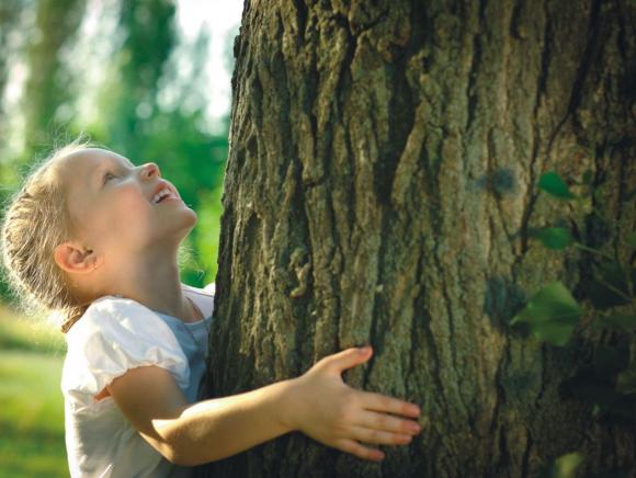 Kind umarmt Baum